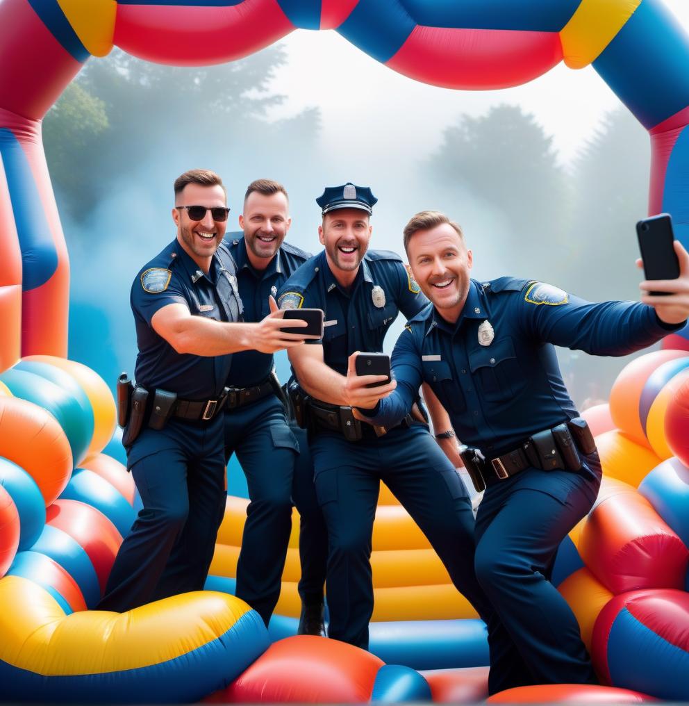  a group of traffic cops in their uniforms happily taking a selfie in a bouncy castle hyperrealistic, full body, detailed clothing, highly detailed, cinematic lighting, stunningly beautiful, intricate, sharp focus, f/1. 8, 85mm, (centered image composition), (professionally color graded), ((bright soft diffused light)), volumetric fog, trending on instagram, trending on tumblr, HDR 4K, 8K
