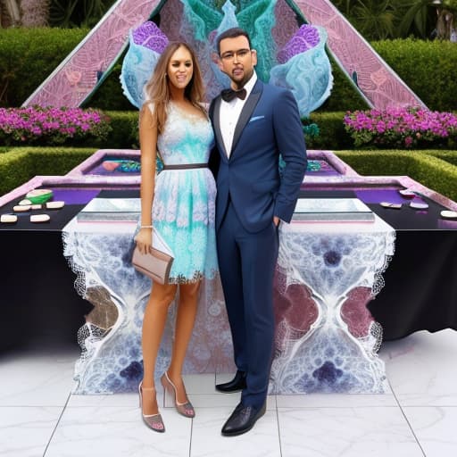  Beautiful Jessica Alba and boyfriend looking down (lace multi colored pastel designer dress, men’s blue business suit)(dark shadowed lighting)(Superrealism)(Foreground: open small box of fine dark chocolates on a reflective marble serving table) Background lush garden with fountain.