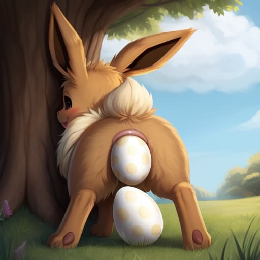  Eevee, feral, egg in ass, anal oviposition, view from behind,, open eyes, digital art, masterpiece, 4k, fine details,