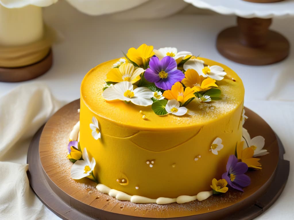  A closeup, photorealistic image of a decadent golden turmericinfused lemon cake topped with vibrant edible flowers and a sprinkle of powdered turmeric. The cake sits on a rustic wooden table, showcasing its moist texture and inviting layers, with soft natural lighting enhancing the warm hues of the dessert. The focus is on the intricate details of the cake, highlighting the glossy lemon glaze and delicate floral decorations, evoking a sense of indulgence and culinary artistry. hyperrealistic, full body, detailed clothing, highly detailed, cinematic lighting, stunningly beautiful, intricate, sharp focus, f/1. 8, 85mm, (centered image composition), (professionally color graded), ((bright soft diffused light)), volumetric fog, trending on instagram, trending on tumblr, HDR 4K, 8K