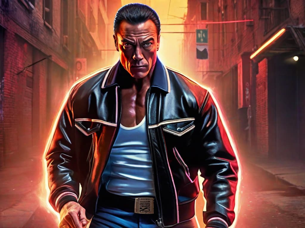  A gritty image of Jean-Claude Van Damme in a dimly lit alley, poised in a fighting stance, his face showing determination. Neon lights from a nearby sign cast a glow, highlighting the intensity in his eyes, ready for action.digital art, ilustration hyperrealistic, full body, detailed clothing, highly detailed, cinematic lighting, stunningly beautiful, intricate, sharp focus, f/1. 8, 85mm, (centered image composition), (professionally color graded), ((bright soft diffused light)), volumetric fog, trending on instagram, trending on tumblr, HDR 4K, 8K