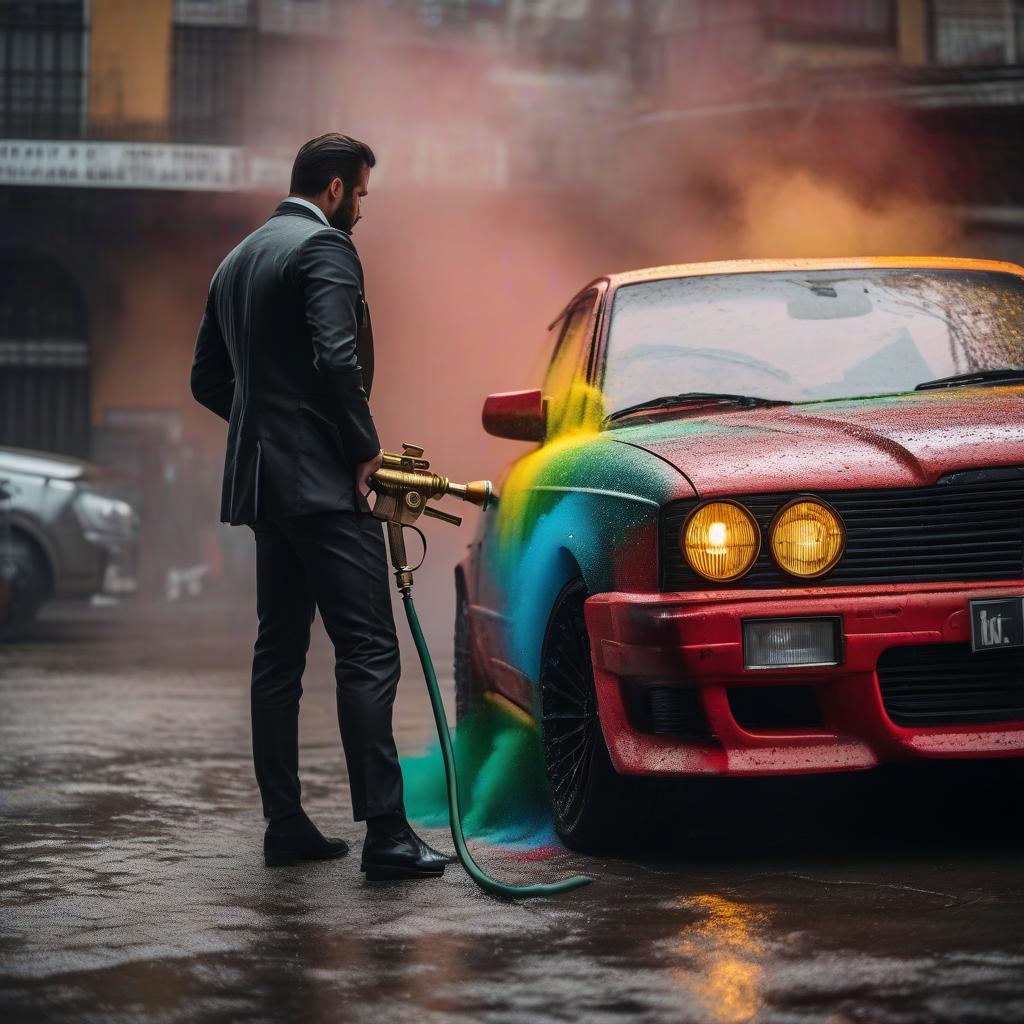  cinematic film still a spray gun that spreads multi colored paint on a car, логотип . shallow depth of field, vignette, highly detailed, high budget, bokeh, cinemascope, moody, epic, gorgeous, film grain, grainy hyperrealistic, full body, detailed clothing, highly detailed, cinematic lighting, stunningly beautiful, intricate, sharp focus, f/1. 8, 85mm, (centered image composition), (professionally color graded), ((bright soft diffused light)), volumetric fog, trending on instagram, trending on tumblr, HDR 4K, 8K