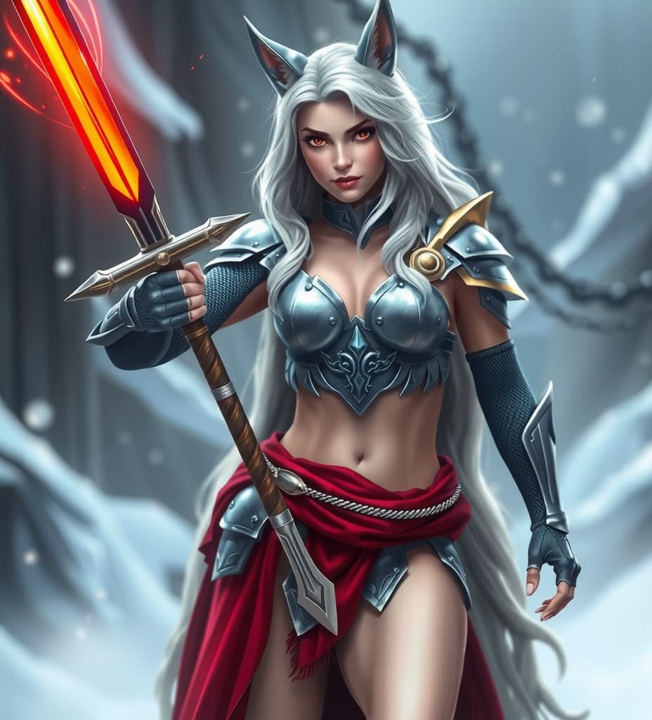  good quality, high quality, realistic looking half wolf half human beautiful princess of the ice castle with a sword wearing a bikini like steel armour.