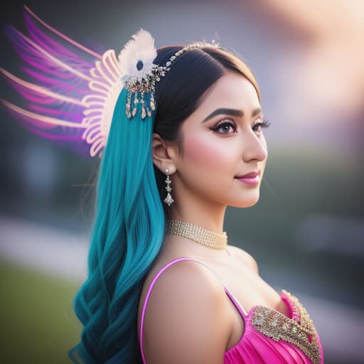  peacock feathers in the girls hair, angel wings, pink. full nody shot halo, and clouds, hyperrealistic, high quality, highly detailed, cinematic lighting, intricate, sharp focus, f/1. 8, 85mm, (centered image composition), (professionally color graded), ((bright soft diffused light)), volumetric fog, trending on instagram, HDR 4K, 8K