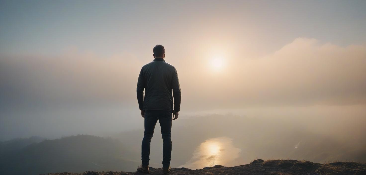  A man is standing and smiling against the background of a sunrise. hyperrealistic, full body, detailed clothing, highly detailed, cinematic lighting, stunningly beautiful, intricate, sharp focus, f/1. 8, 85mm, (centered image composition), (professionally color graded), ((bright soft diffused light)), volumetric fog, trending on instagram, trending on tumblr, HDR 4K, 8K