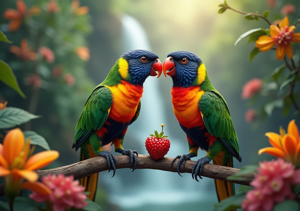  good quality, high quality, pair of lovebirds sharing a berry in a vibrant rainforest setting, with cascading waterfalls and colorful tropical flowers