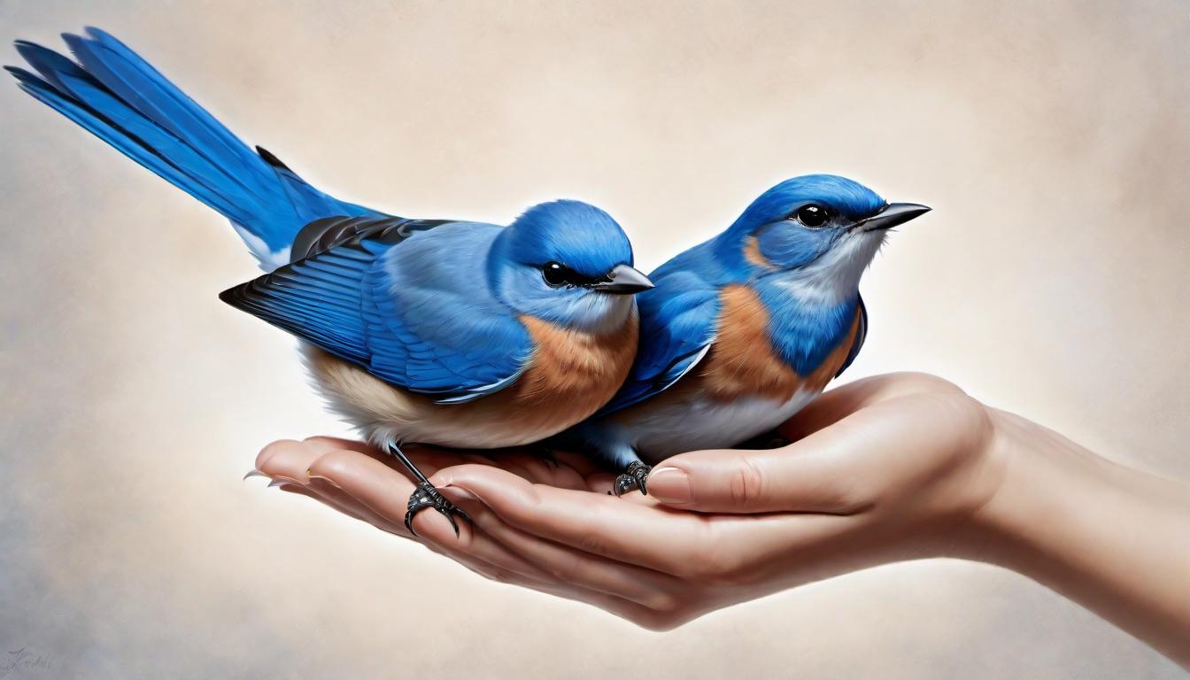  digital painting of A human hand, delicately cradling a fragile bluebird, representing the stewardship of humanity over nature, precise, realistic detailing of feathers and skin texture, symbol of care and responsibility, tender, protective, direct engagement, nurturing protection looking at viewer, dynamic pose, (intricate details, masterpiece, best quality)