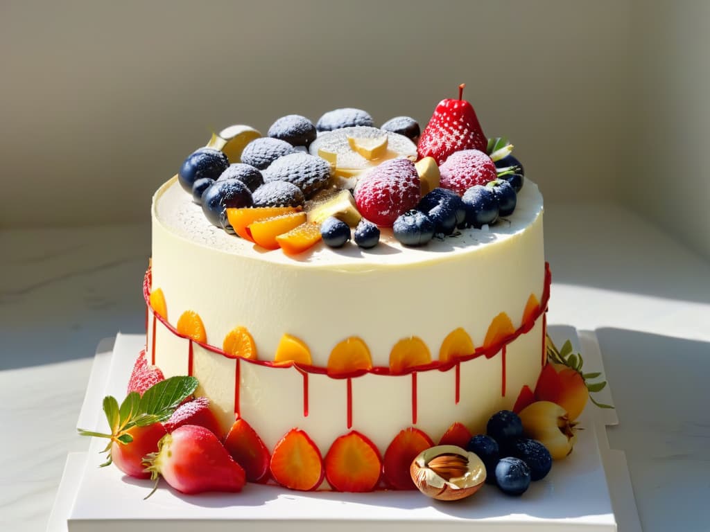  An ultradetailed closeup image of a perfectly curated and intricately designed cake made with sustainable and conscious ingredients, showcasing layers of vibrant fruits, nuts, and seeds as decoration. The cake is elegantly displayed on a sleek, white marble countertop, emphasizing its artistic and delicious nature while symbolizing the essence of mindful baking and combating food waste. hyperrealistic, full body, detailed clothing, highly detailed, cinematic lighting, stunningly beautiful, intricate, sharp focus, f/1. 8, 85mm, (centered image composition), (professionally color graded), ((bright soft diffused light)), volumetric fog, trending on instagram, trending on tumblr, HDR 4K, 8K