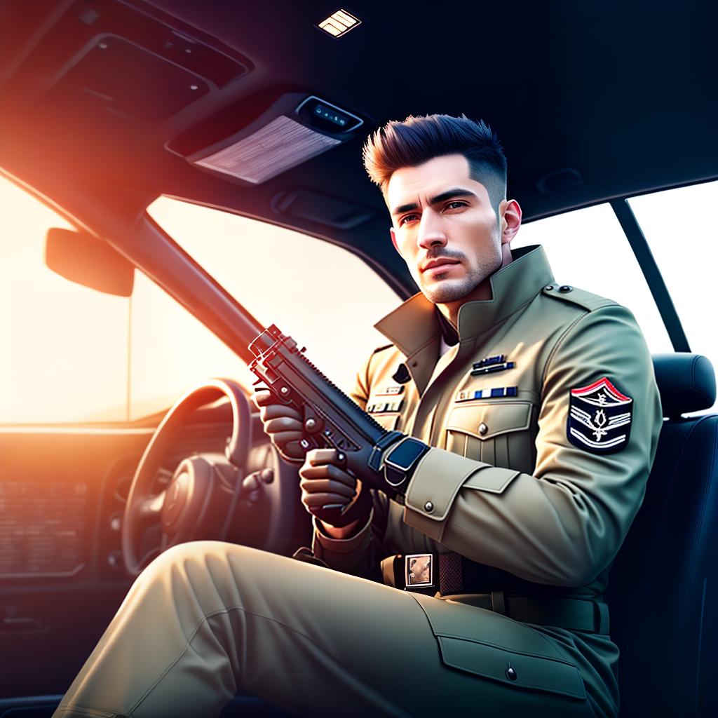  A young man is standing in a military uniform and holding a machine gun from behind; he is standing in a Mercedes benz cls with military paint, RTX, Full HD, detail hyperrealistic, full body, detailed clothing, highly detailed, cinematic lighting, stunningly beautiful, intricate, sharp focus, f/1. 8, 85mm, (centered image composition), (professionally color graded), ((bright soft diffused light)), volumetric fog, trending on instagram, trending on tumblr, HDR 4K, 8K