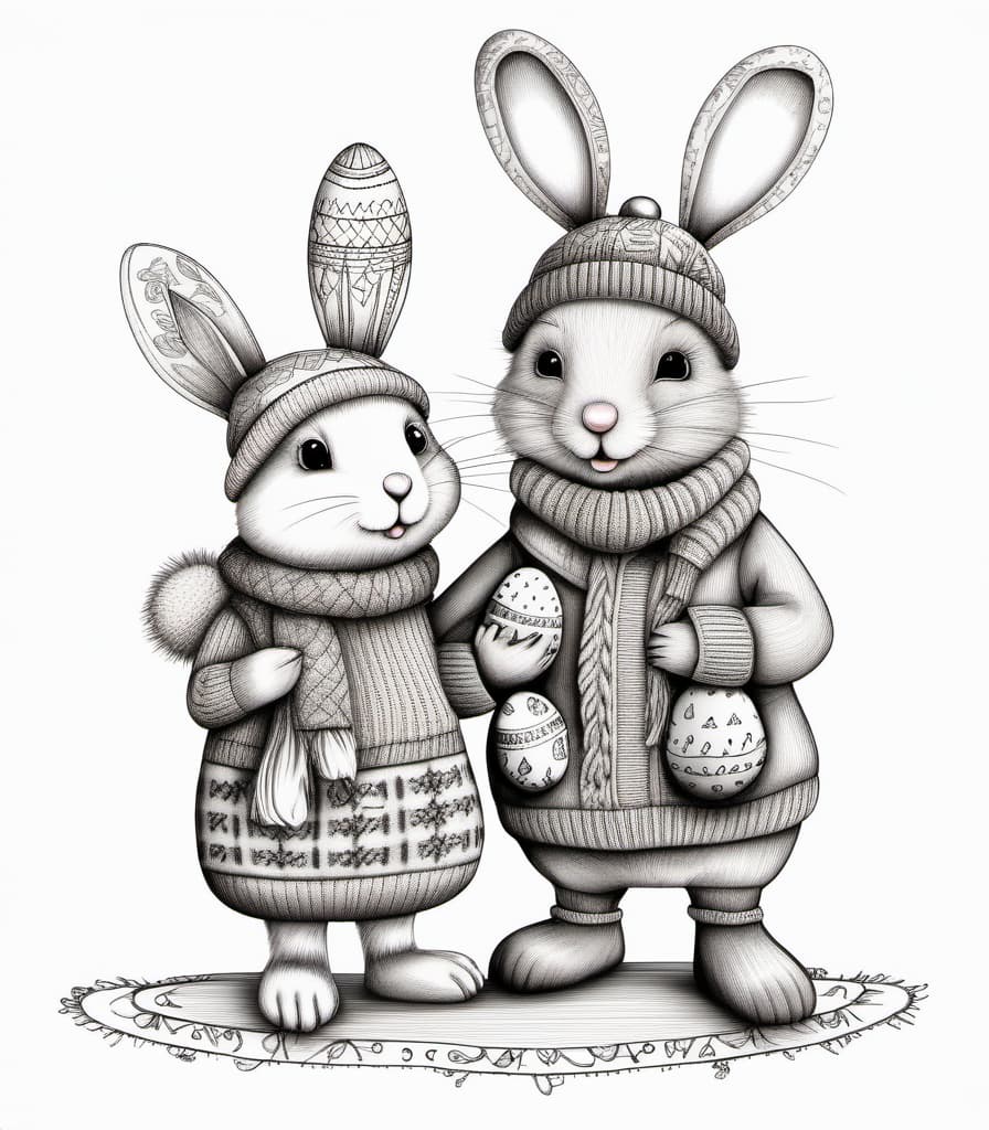  zentangle Two toys in a tilde style, rabbit and bear are standing full height. The mouse holds a gift box in its paws, wears a warm knitted sweater with a pattern, a cap with a puff on its head, a scarf on its neck, and warm boots on its feet. Next to the mouse, a rabbit is standing and holding an Easter egg in its paws. In the background, there are Christmas trees with decorations, one bigger and one smaller, gift boxes under the tree, snowmen. The atmosphere of Christmas and New Year's Eve. Clear lines, art lines. New Year's card . intricate, abstract, monochrome, patterns, meditative, highly detailed
