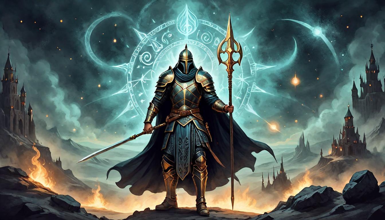  on parchment, surrealism+++, Mystical warrior standing tall, ethereal armor, glowing sigils, burning determination, dark energy clashing with radiant light, celestial battleground(mysterious, provocative, symbolic,muted color)+++