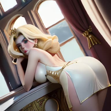  Scarlett Johansson as a Fantasy-Disney-like in bodytight royaly opulent white creamy and yellowed short dress showing in full view from behind her perfect curved while over window leaning on elbows while watching from over her shoulder