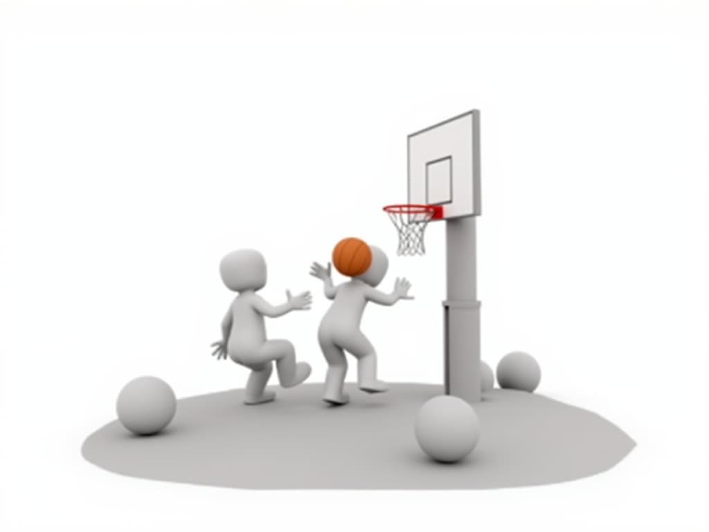  players playing basketball on playground island, vector, illustraction, white background, monochromatic, single orange ball