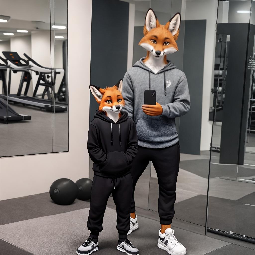  as a cinematic render, Anthro male fox, sweatshirt, sweatpants, in a gym, selfie, in mirror, smiling, full length portrait hyperrealistic, detailed clothing, 4K, 8K