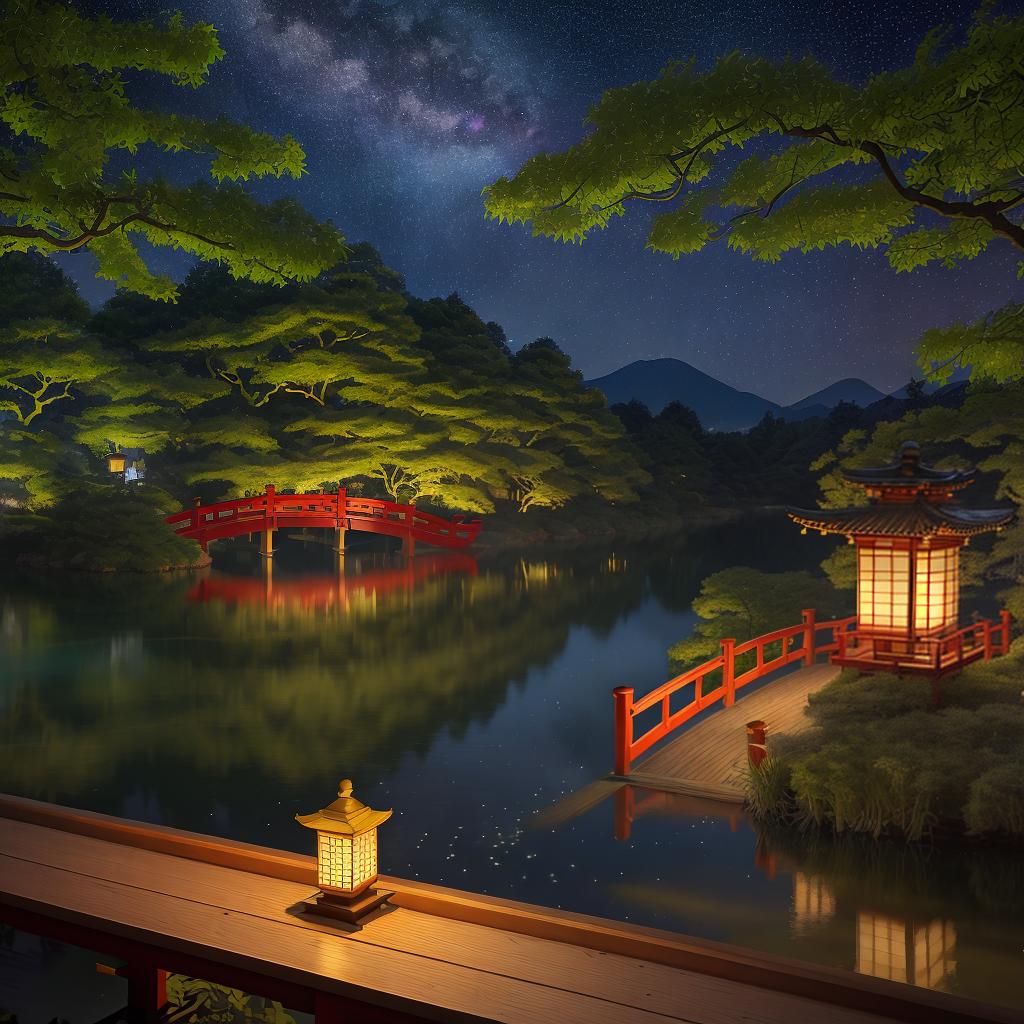  masterpiece, best quality, (Fidelity: 1.4), Best Quality, Masterpiece, Ultra High Resolution, 8k resolution, A night view inspired by Japanese art, featuring a garden illuminated by paper lanterns and a wooden bridge spanning a tranquil lake, by the lakeside, there is agguh vhgthsmall Zen temple. The water reflects the starry sky.