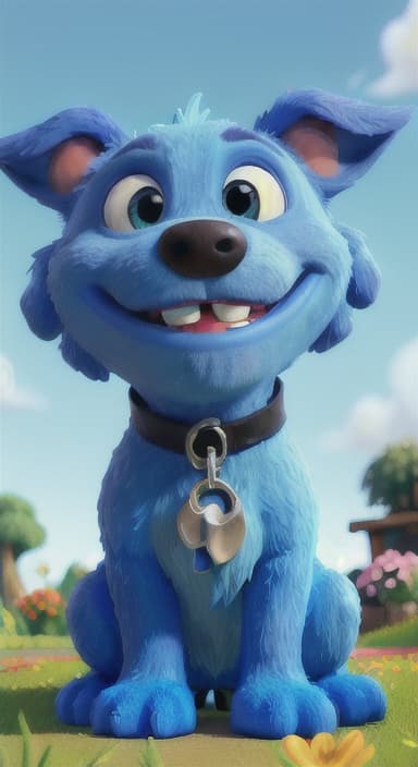  {Max carefully picking up the ball with his teeth without disturbing the flowers, The big blue dog is large with sky blue fur, big round eyes, a black nose, and floppy ears.