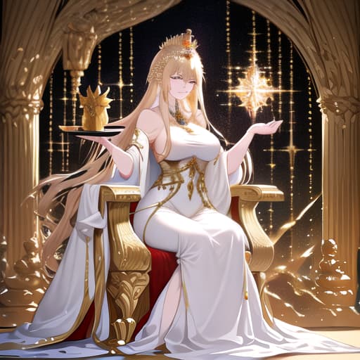  A blonde queen sitting on a wooden throne, with a golden crown, dressed like a goddess, white clothes, with a royal robe, She has an arrogant smile on her face, as she rests her head in the palm of her hand, and elbows her on the arm of the throne. hyperrealistic, full body, detailed clothing, highly detailed, cinematic lighting, stunningly beautiful, intricate, sharp focus, f/1. 8, 85mm, (centered image composition), (professionally color graded), ((bright soft diffused light)), volumetric fog, trending on instagram, trending on tumblr, HDR 4K, 8K