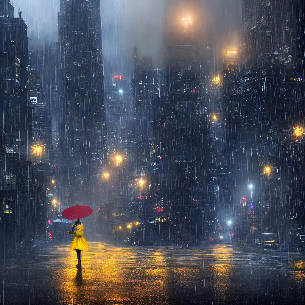  ((masterpiece)),(((best quality))), 8k, high detailed, ultra-detailed. A girl standing on the side of the street, (wearing a yellow raincoat), looking at the passing cars, (holding a colorful umbrella), with (raindrops falling gently), (reflecting the city lights). hyperrealistic, full body, detailed clothing, highly detailed, cinematic lighting, stunningly beautiful, intricate, sharp focus, f/1. 8, 85mm, (centered image composition), (professionally color graded), ((bright soft diffused light)), volumetric fog, trending on instagram, trending on tumblr, HDR 4K, 8K