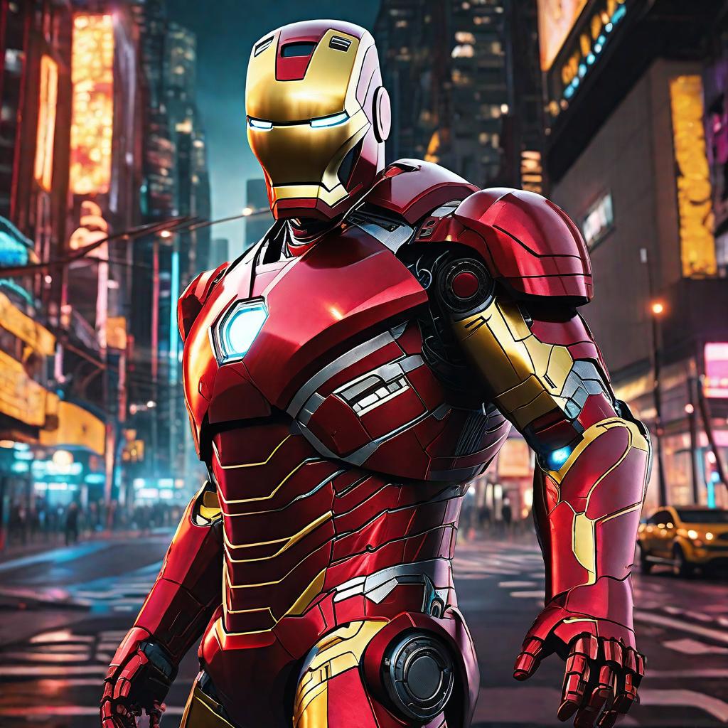  masterpiece, best quality, masterpiece, 8k resolution, realistic, highly detailed, Iron Man close-up. He stands on a street lined with tall buildings in a cyberpunk style city at night. The city's night lights are bright, and the surrounding buildings and streets are full of cyberpunk elements such as neon lights, high-tech equipment and futuristic architectural design.