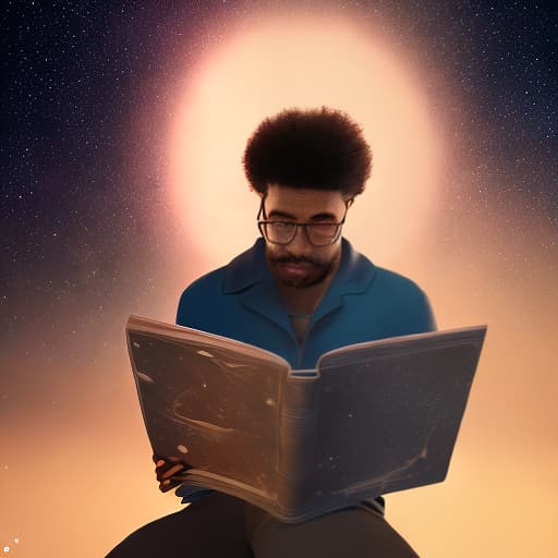 redshift style handsome man with afro reading and studying in a  room at night with stars and planets in the sky, fireflies, musical notes, ultrarealistic detailed vivid colors