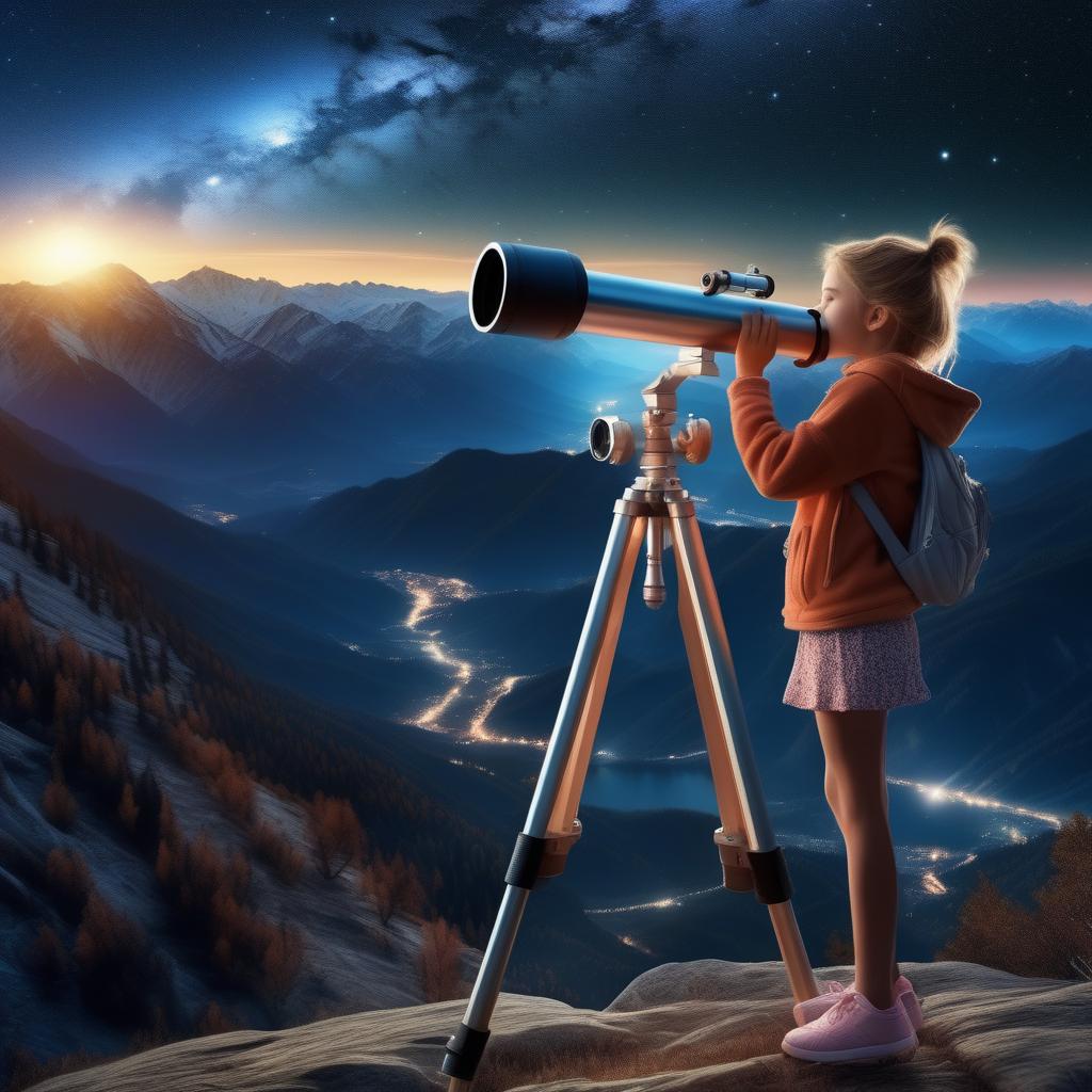  hyperrealistic art A girl in the mountains looks at the stars through a telescope . extremely high-resolution details, photographic, realism pushed to extreme, fine texture, incredibly lifelike