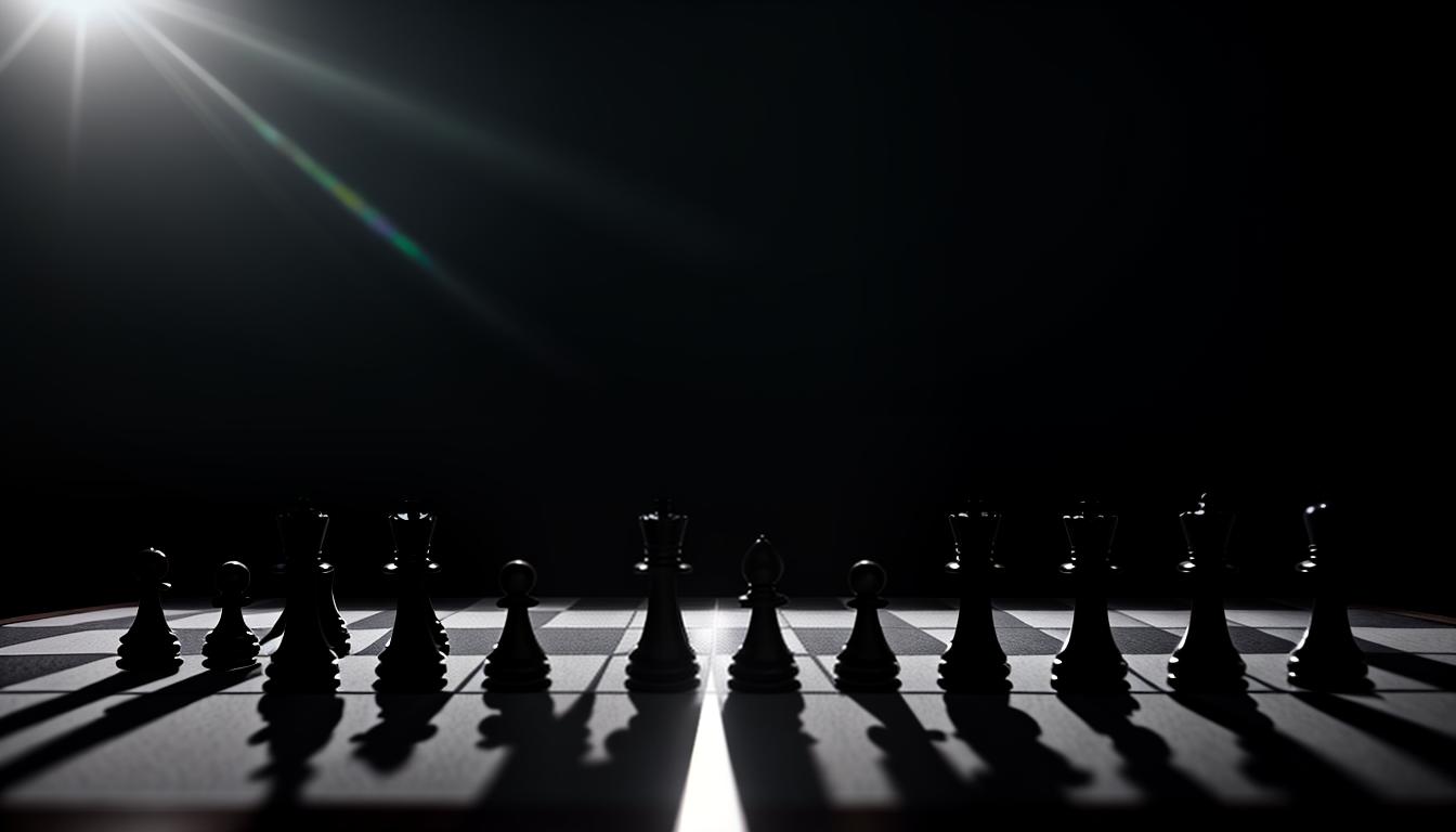  cinematic, aesthetic, A chessboard with pieces mid move, shadowy figures reflected in the pieces, soft halo of light, strategic, psychological, 4k, HDR, lens flare