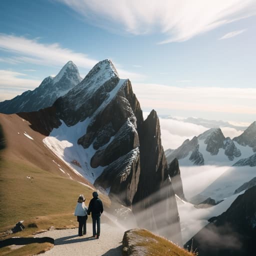  brother and sister in a top of a mountain , hyperrealistic, high quality, highly detailed, cinematic lighting, intricate, sharp focus, f/1. 8, 85mm, (centered image composition), (professionally color graded), ((bright soft diffused light)), volumetric fog, trending on instagram, HDR 4K, 8K