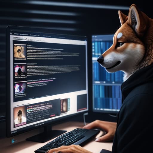  　A man wearing a Shiba Inu paper craft. He is wearing a black hoodie and sitting at his desk. He should have a computer in the background and an investment chart on the screen. hyperrealistic, full body, detailed clothing, highly detailed, cinematic lighting, stunningly beautiful, intricate, sharp focus, f/1. 8, 85mm, (centered image composition), (professionally color graded), ((bright soft diffused light)), volumetric fog, trending on instagram, trending on tumblr, HDR 4K, 8K