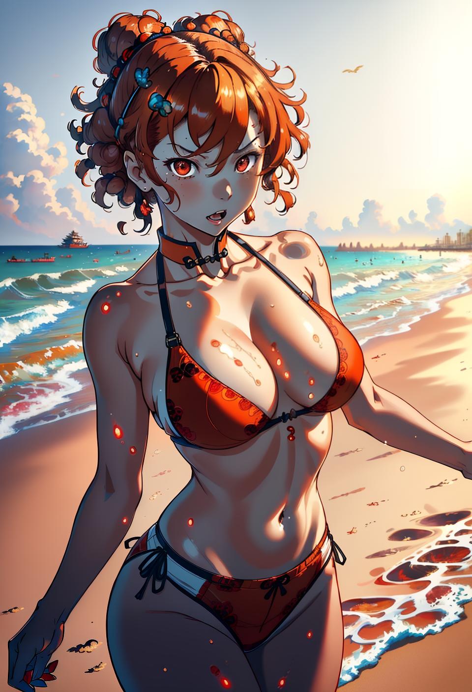  ((trending, highres, masterpiece, cinematic shot)), 1girl, mature, female aristocrat, large, beach scene, very short curly orange hair, hair in Chinese buns, large red eyes, energetic personality, angry expression, tanned skin, morbid, limber