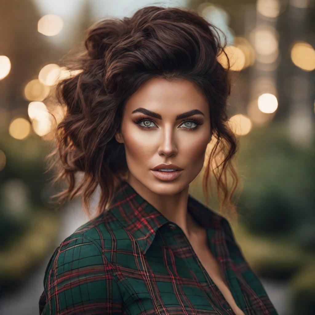  A half Body Photo of a beautiful brunette Scottish girl, green eyes, messy beehive hair style, natural skin complexion, slim with curves, tartan shirt, outdoor background, soft lighting, captured by {randomly selected} photographer. This image looks glamorous and elegant in style and outdoor background that was recognized as a contest winner. It has been featured on CG Society. Cinematic hyperrealistic, full body, detailed clothing, highly detailed, cinematic lighting, stunningly beautiful, intricate, sharp focus, f/1. 8, 85mm, (centered image composition), (professionally color graded), ((bright soft diffused light)), volumetric fog, trending on instagram, trending on tumblr, HDR 4K, 8K