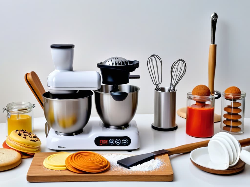  A photorealistic image of a sleek, modern kitchen countertop filled with essential baking tools and utensils neatly organized: a set of measuring cups and spoons, a whisk, a silicone spatula, a rolling pin, pastry brushes, piping bags and tips, cookie cutters, a kitchen scale, a stand mixer, and a variety of mixing bowls. The image showcases the tools in a visually appealing and organized manner, emphasizing the precision and professionalism required in the art of baking. The lighting highlights the metallic and colorful elements of the utensils, creating a captivating and aspirational visual for readers looking to equip their kitchen for successful baking endeavors. hyperrealistic, full body, detailed clothing, highly detailed, cinematic lighting, stunningly beautiful, intricate, sharp focus, f/1. 8, 85mm, (centered image composition), (professionally color graded), ((bright soft diffused light)), volumetric fog, trending on instagram, trending on tumblr, HDR 4K, 8K