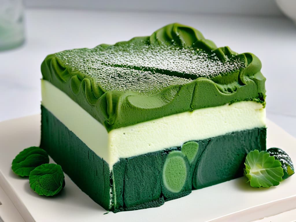  A closeup, ultradetailed image of a vibrant green spirulinainfused cheesecake slice resting on a sleek, white marble plate. The cheesecake is topped with delicate spirulina powder dusting, adding an elegant touch to the minimalistic presentation. The smooth texture of the cheesecake contrasts beautifully with the intricate swirls created by the spirulina powder, making it a visually captivating and appetizing image. hyperrealistic, full body, detailed clothing, highly detailed, cinematic lighting, stunningly beautiful, intricate, sharp focus, f/1. 8, 85mm, (centered image composition), (professionally color graded), ((bright soft diffused light)), volumetric fog, trending on instagram, trending on tumblr, HDR 4K, 8K