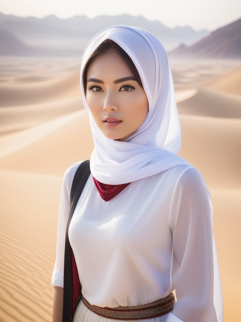  Half body portrait,Young Asian handsome Male Tourist Trendy Casual Outfit tie a solid white casual Headscarf , wear casual dress standing in desert, look at to camera, cinematic lighting, stunningly beautiful, intricate, sharp focus, f/1. 8, 85mm, (professionally color graded), ((bright soft diffused light)), volumetric fog, trending on instagram, trending on tumblr, HDR 4K, 8K hyperrealistic, full body, detailed clothing, highly detailed, cinematic lighting, stunningly beautiful, intricate, sharp focus, f/1. 8, 85mm, (centered image composition), (professionally color graded), ((bright soft diffused light)), volumetric fog, trending on instagram, trending on tumblr, HDR 4K, 8K