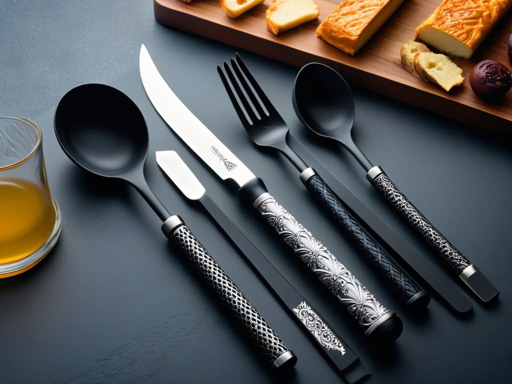  A detailed, ultrahigh resolution image of a sleek, black baking utensil set inspired by the intricate designs of House Stark sigil, with direwolf motifs elegantly etched into each piece, set against a stark white background to emphasize the clean lines and minimalist aesthetic. Each utensil, from measuring spoons to mixing bowls, features subtle nods to the Game of Thrones series, appealing to fans while maintaining a professional and stylish look suitable for creating decadent treats worthy of a Westerosi feast. hyperrealistic, full body, detailed clothing, highly detailed, cinematic lighting, stunningly beautiful, intricate, sharp focus, f/1. 8, 85mm, (centered image composition), (professionally color graded), ((bright soft diffused light)), volumetric fog, trending on instagram, trending on tumblr, HDR 4K, 8K