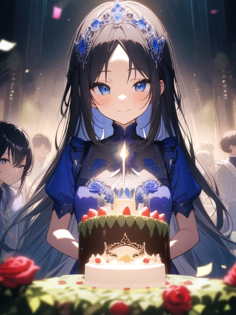  (Parted bangs:1.2、forehead:1.2、black hair、happy smile)、Beautiful ,long black hair,black hair,long hair,center division,center division bangs,center bang,blue eyes,big s,cute,fashionable,,blue dress,blue rose,blue rose decoration,birthday cake,eating cake,crown,tiara,cute,garden,garden,confetti、The bangs are separated in the middle,the forehead is visible,the bangs divided by 5 to 5,smile、ultra detailed,best shadow,cute and beautiful face,(masterpiece:1.2),(best quality:1.2),detailed background,high contrast,(best illumination,an extremely delicate and beautiful),((cinematic light)),hyper detail,dramatic light,intricate details,8k,anime,very aesthetic, masterpiece, best quality,8k,ultra detailed,high resolution,an 