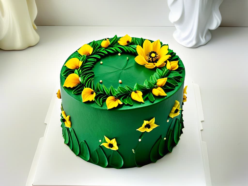  A highquality, ultradetailed image of a beautifully decorated vegan cake, featuring intricate floral designs made with vibrant, natural colors like deep greens, rich purples, and bright yellows. The cake is elegantly displayed on a simple, white background, showcasing its artistic details and organic ingredients. Each delicate petal and leaf is meticulously crafted, highlighting the artistry and creativity involved in vegan baking trends. hyperrealistic, full body, detailed clothing, highly detailed, cinematic lighting, stunningly beautiful, intricate, sharp focus, f/1. 8, 85mm, (centered image composition), (professionally color graded), ((bright soft diffused light)), volumetric fog, trending on instagram, trending on tumblr, HDR 4K, 8K