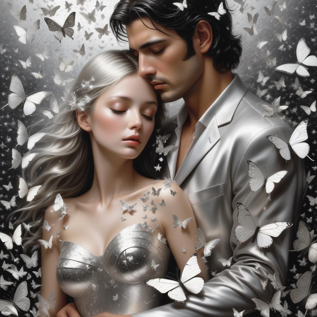  photo RAW, ( ultrarealistic, hyperrealistice, hyperdetailed:shattered into thousands of silver butterflies, scattering into a breeze of silver twinkling stars.  Maria and Carlos had backed a couple of steps away, they couldn’t help but sigh in awe with there eyes wide open looking at each other. This sight truly was as beautiful as a fantastic dream), masterpiece, award winning photography, natural light, perfect composition, high detail, hyper realistic, add depth, water background, (real human,detailed human:1.5),(highly detailed eyes), full clothed hyperrealistic, full body, detailed clothing, highly detailed, cinematic lighting, stunningly beautiful, intricate, sharp focus, f/1. 8, 85mm, (centered image composition), (professionally color graded), ((bright soft diffused light)), volumetric fog, trending on instagram, trending on tumblr, HDR 4K, 8K