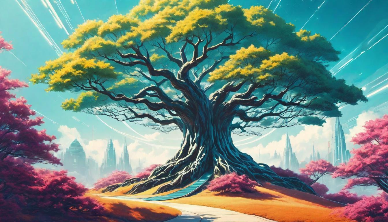  retro futuristic A rooted tree with branches extending towards a clear sky, each branch a different path, focus, and direction, stability in purpose lvintage sci fi, 50s and 60s style, atomic age, vibrant, highly detailed