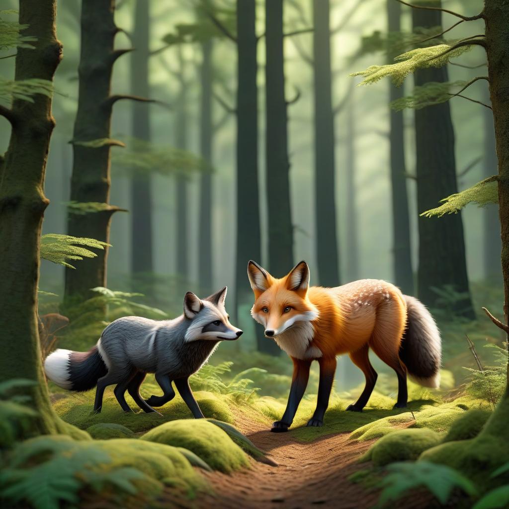  concept art A cartoon fox, wolf, deer, and badger are walking through the forest. . digital artwork, illustrative, painterly, matte painting, highly detailed hyperrealistic, full body, detailed clothing, highly detailed, cinematic lighting, stunningly beautiful, intricate, sharp focus, f/1. 8, 85mm, (centered image composition), (professionally color graded), ((bright soft diffused light)), volumetric fog, trending on instagram, trending on tumblr, HDR 4K, 8K