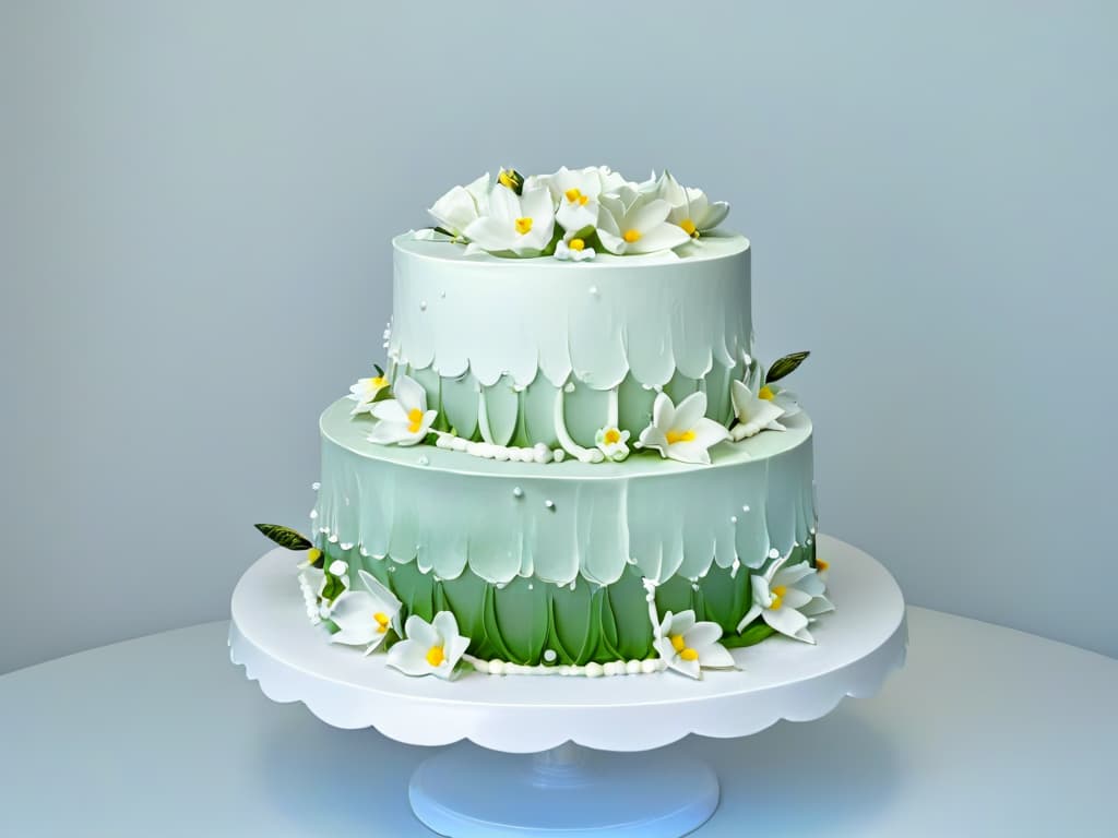  A minimalistic image of a beautifully decorated cake on a simple white cake stand, with intricate piping details and delicate sugar flowers cascading down the side. The cake is set against a soft, neutral background to enhance its elegant design, showcasing the artistry and craftsmanship of pastry storytelling. hyperrealistic, full body, detailed clothing, highly detailed, cinematic lighting, stunningly beautiful, intricate, sharp focus, f/1. 8, 85mm, (centered image composition), (professionally color graded), ((bright soft diffused light)), volumetric fog, trending on instagram, trending on tumblr, HDR 4K, 8K