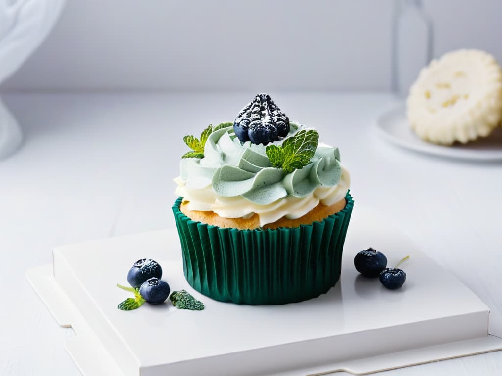  A closeup, ultradetailed image of a delicate, intricately decorated glutenfree cupcake on a sleek, modern white plate. The cupcake is topped with a swirl of dairyfree frosting and garnished with fresh berries and mint leaves, showcasing the beauty and creativity of allergenfriendly baking. hyperrealistic, full body, detailed clothing, highly detailed, cinematic lighting, stunningly beautiful, intricate, sharp focus, f/1. 8, 85mm, (centered image composition), (professionally color graded), ((bright soft diffused light)), volumetric fog, trending on instagram, trending on tumblr, HDR 4K, 8K