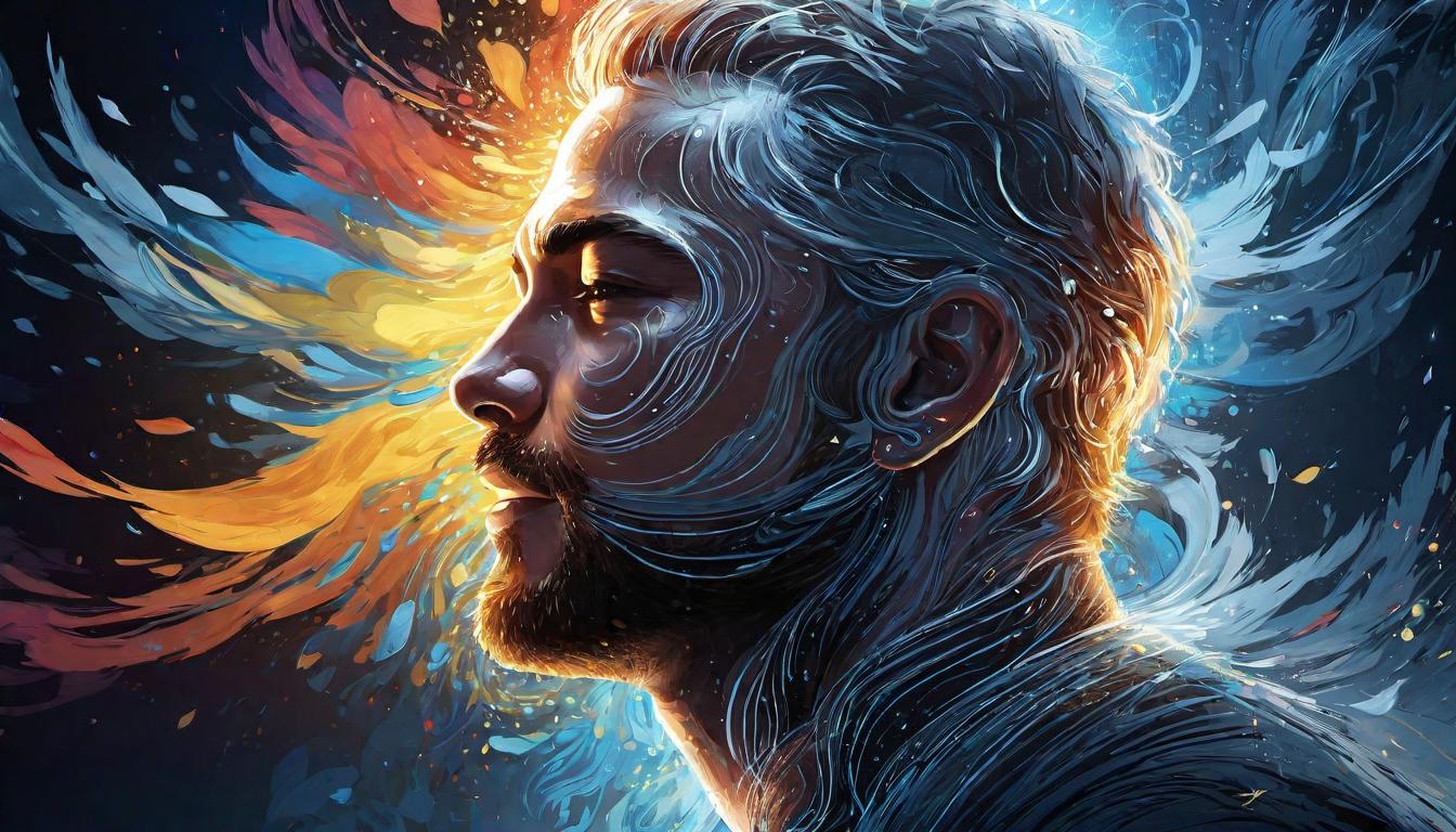  digital illustration, A person in profile, face showing mix of emotions, tears and laughter, light and dark patches on the face, backdrop of swirling energy patterns, mood of emotional release and healing, looking at viewer, dynamic pose, (intricate details, masterpiece, best quality)