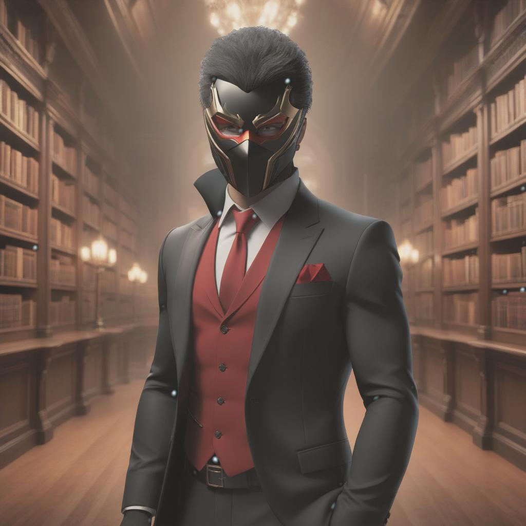  A man in a strict black suit with a red shirt, in a fur hat and a mask. Background is a library, YouTube avatar. hyperrealistic, full body, detailed clothing, highly detailed, cinematic lighting, stunningly beautiful, intricate, sharp focus, f/1. 8, 85mm, (centered image composition), (professionally color graded), ((bright soft diffused light)), volumetric fog, trending on instagram, trending on tumblr, HDR 4K, 8K