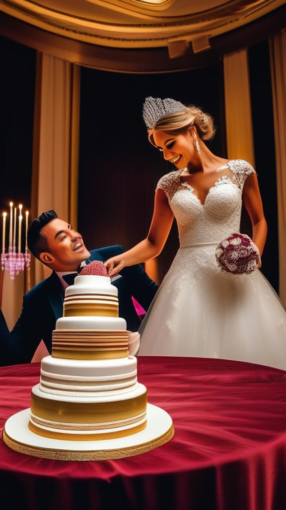  Big wedding feast with a beautifull husband and wife cutting the cake , ((masterpiece)), best quality, very detailed, high resolution, sharp, sharp image, extremely detailed, 4k, 8k