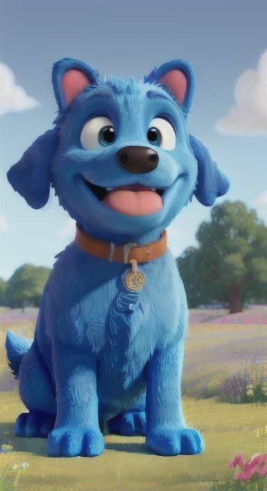  {A happy, big blue dog wagging its tail in a colorful meadow, The big blue dog is large with sky blue fur, big round eyes, a black nose, and floppy ears.