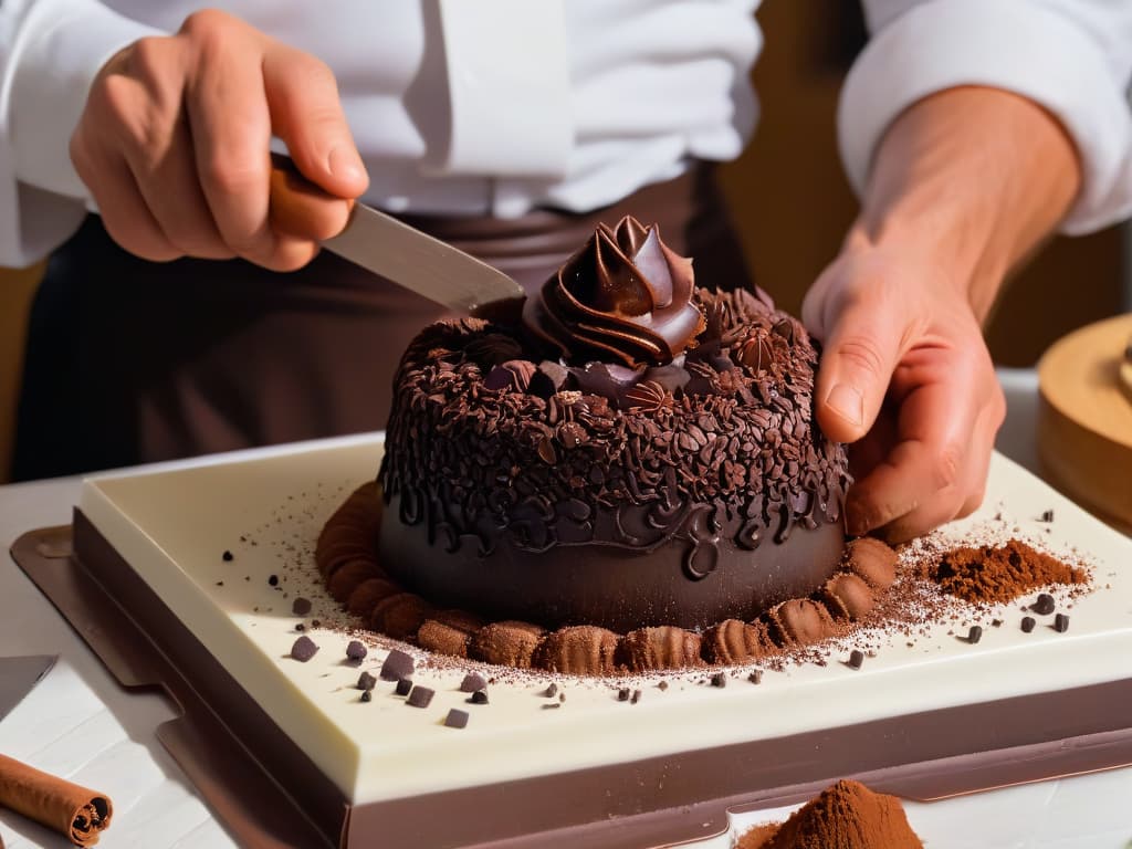  An intricate closeup image of a skilled chocolatier's hands delicately sculpting a detailed chocolate figure, showcasing the precision and artistry involved in creating chocolate sculptures. The hands are dusted with cocoa powder, adding a touch of authenticity and highlighting the fine textures of the chocolate being molded. The background is softly blurred to keep the focus on the hands and the chocolate figure taking shape, emphasizing the meticulous craftmanship required for this culinary art. hyperrealistic, full body, detailed clothing, highly detailed, cinematic lighting, stunningly beautiful, intricate, sharp focus, f/1. 8, 85mm, (centered image composition), (professionally color graded), ((bright soft diffused light)), volumetric fog, trending on instagram, trending on tumblr, HDR 4K, 8K