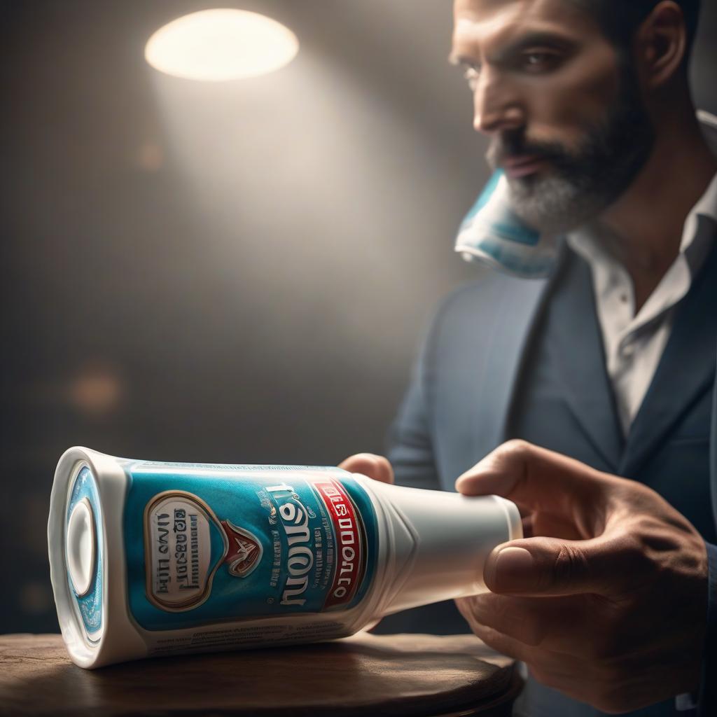  A man holding a toothpaste tube. hyperrealistic, full body, detailed clothing, highly detailed, cinematic lighting, stunningly beautiful, intricate, sharp focus, f/1. 8, 85mm, (centered image composition), (professionally color graded), ((bright soft diffused light)), volumetric fog, trending on instagram, trending on tumblr, HDR 4K, 8K