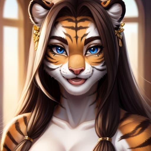  a female humanoid tiger with a fit body, open eyes, digital art, masterpiece, 4k, fine details,