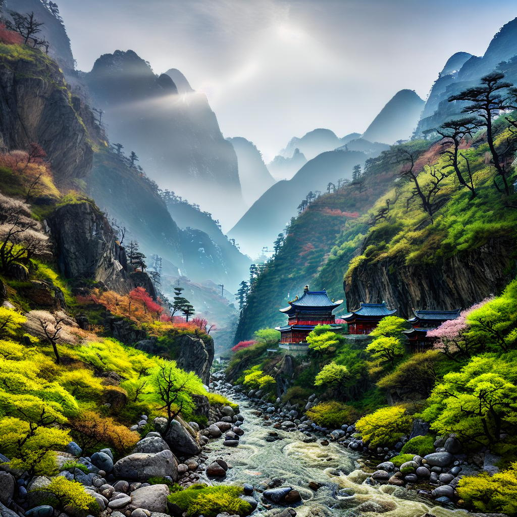  A ((masterpiece)) of a Chinese landscape painting in (((best quality))), 8k, high detailed, and ultra-detailed resolution. The scene depicts a tranquil mountain range with a flowing river cutting through it, surrounded by lush greenery and colorful blooming flowers. The style of this artwork resembles traditional Chinese ink painting, with delicate brushstrokes and a harmonious composition. The artist's name is unknown, but their work can be found on the website artgallery.com. The lighting in the scene is soft, with warm sunlight casting gentle shadows on the mountains and reflecting off the water. hyperrealistic, full body, detailed clothing, highly detailed, cinematic lighting, stunningly beautiful, intricate, sharp focus, f/1. 8, 85mm, (centered image composition), (professionally color graded), ((bright soft diffused light)), volumetric fog, trending on instagram, trending on tumblr, HDR 4K, 8K