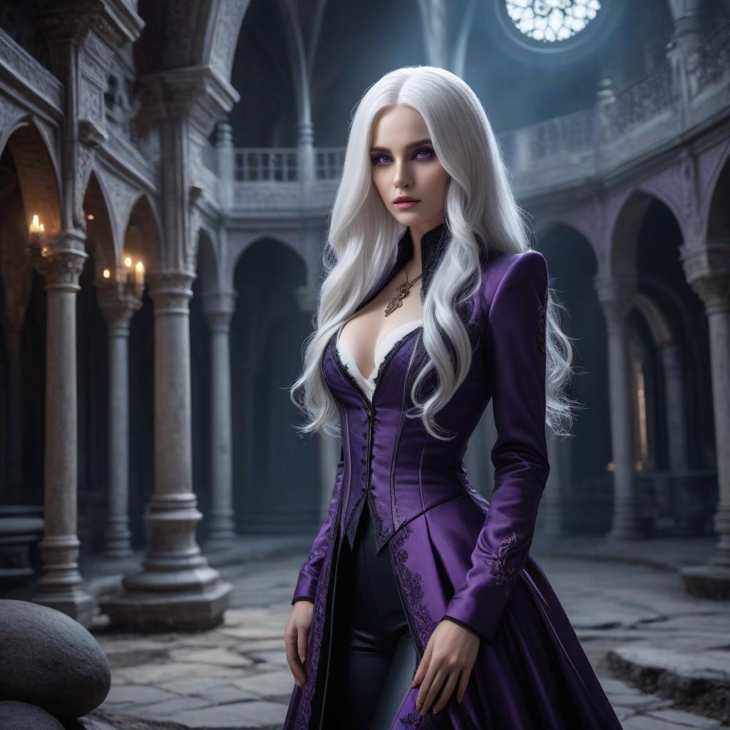  A girl, a sorcerer, white hair, long hair, smooth hair, hair tips black, magic, body in cracks, face in cracks, purple tentacles, a Gothic palace, a ball, a white strip under the eyes, hyperrealistic, full body, detailed clothing, highly detailed, cinematic lighting, stunningly beautiful, intricate, sharp focus, f/1. 8, 85mm, (centered image composition), (professionally color graded), ((bright soft diffused light)), volumetric fog, trending on instagram, trending on tumblr, HDR 4K, 8K